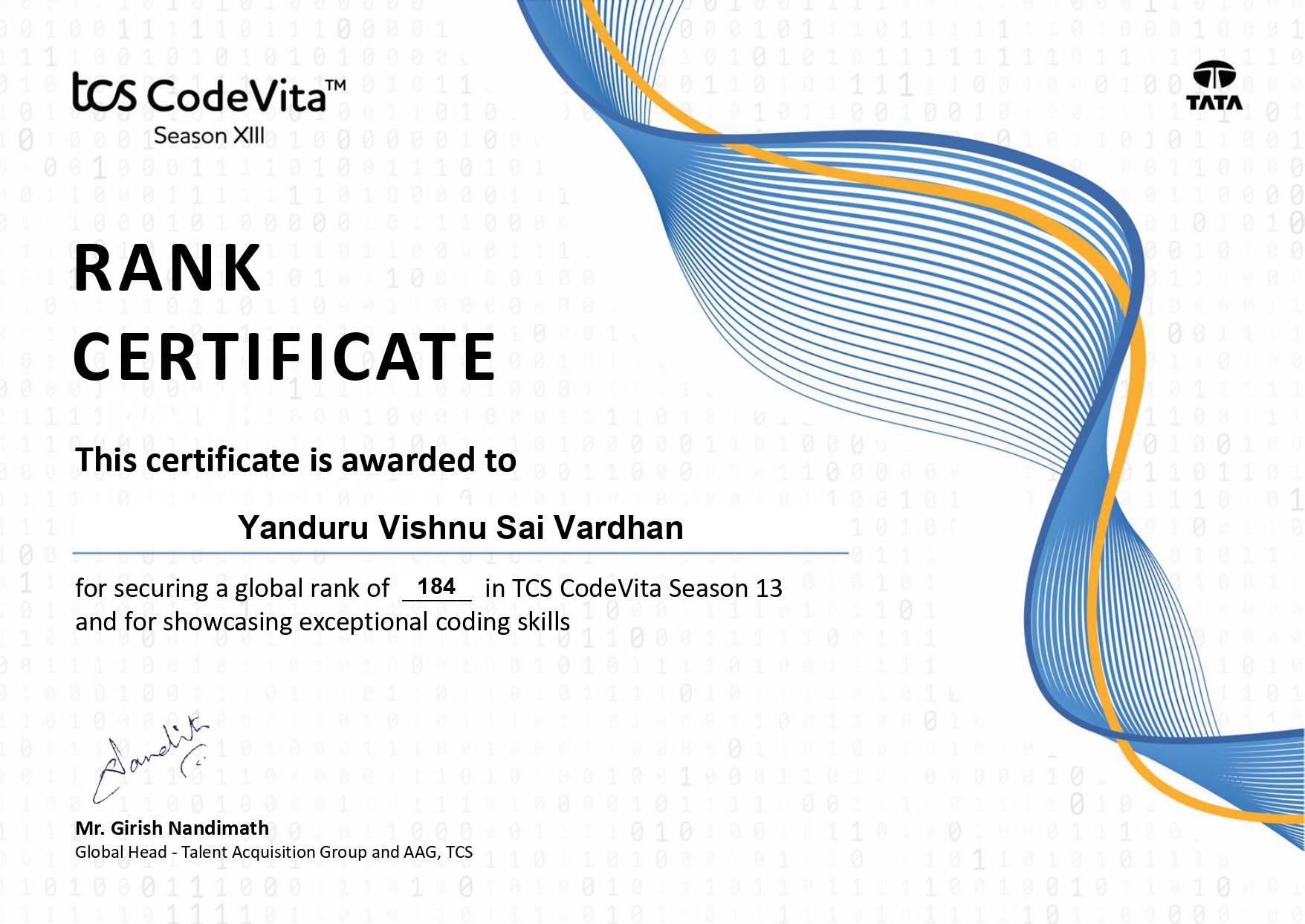 Global Rank 184 • TCS CodeVita Season 13 photo 1